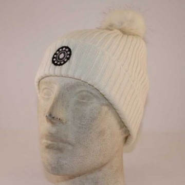 Dames muts Zeeuwse knoop wit + bont pompon