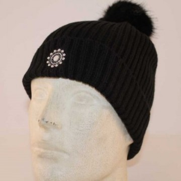 Dames muts Zeeuwse knoop zwart + bont pompon